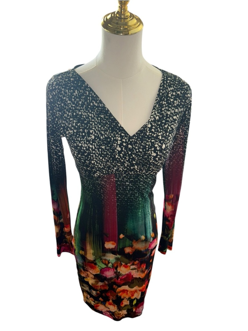 FUZZI Vintage Italian Long-Sleeve V-Neck Floral Ombre Dress